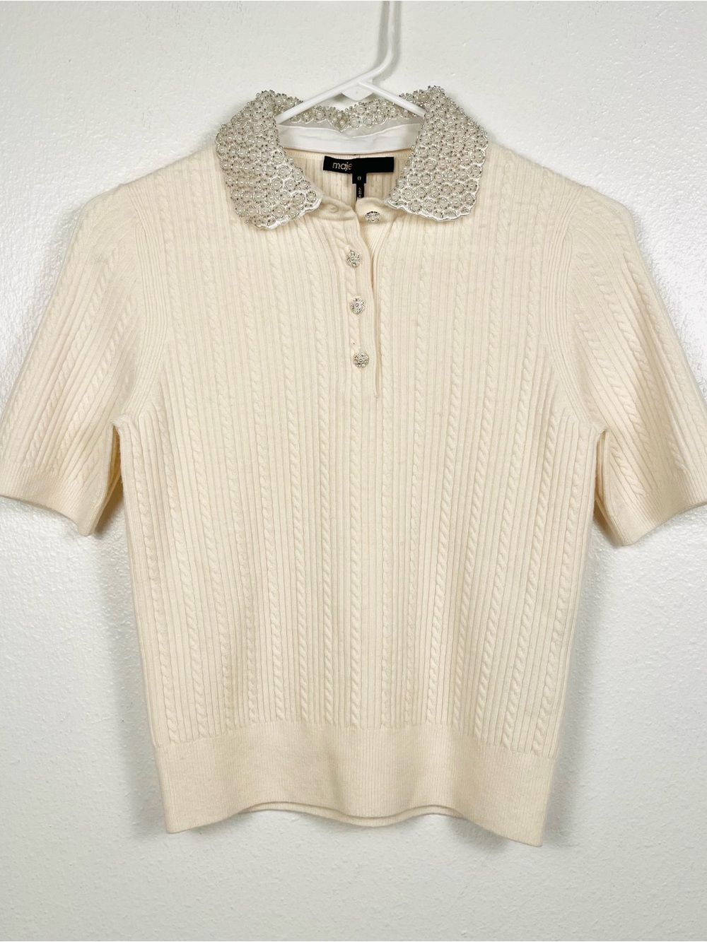 MAJE Embellished Pearl Beaded Peter Pan Collar Short Sleeve Sweater Top 0/XS - Picture 3 of 9